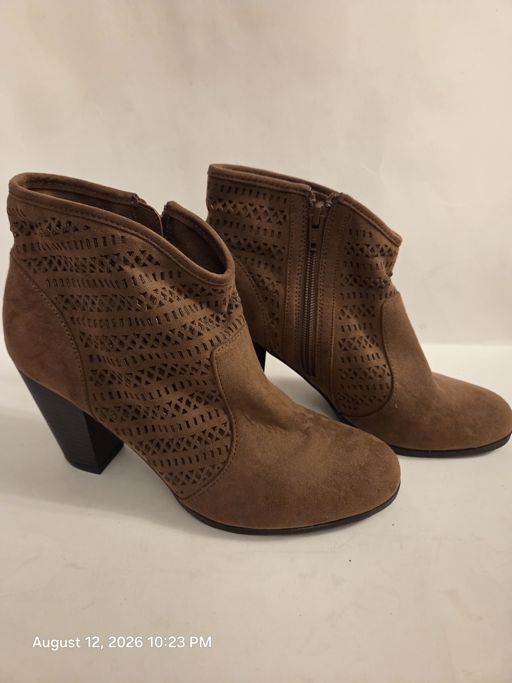 Women's Tan Suede Perforated Ankle Booties